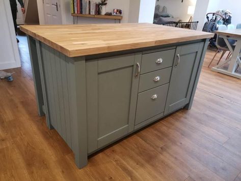 Bespoke Kitchen Island, Oak Worktop, Slatted Shelves, Island Stools, Order Kitchen, Side Drawers, Laminate Doors, Farmhouse Kitchen Island, Bespoke Kitchen