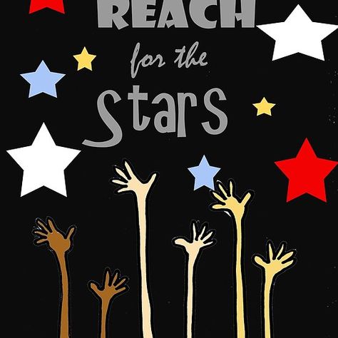 Reach For The Stars Party, Reach For The Stars Classroom Theme, Reach For The Stars Bulletin Board, Star Graduation Theme, Star Bulletin Boards, Prek Graduation, Kindergarten Graduation Gift, Sports Theme Classroom, Yearbook Cover