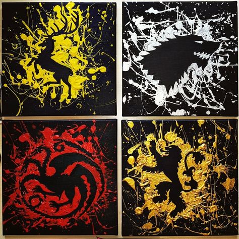 Game of Thrones paintings  - colorful splatters on black canvas - GoT house banners Game Of Thrones Painting, Pop Art Black And White, Game Of Thrones Canvas, Paintings Colorful, Disney Art Of Animation, Pop Art Tattoos, Game Of Thrones Poster, Game Of Thrones Shirts, Geeky Art