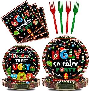 96Pcs Christmas Ugly Sweater Party Plates, Merry Christmas Party Decorations Supplies for Winter Holiday Xmas Family Gathering Birthday Party Disposable Tableware Set , Serves 24 Christmas Ugly Sweater Party, Tacky Sweater, Christmas Ugly Sweater, Party Table Cloth, Ugly Christmas Sweater Party, Ugly Sweater Party, Party Banners, Paper Plates Party, Christmas Party Decorations