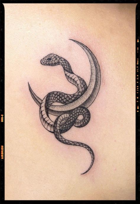 Feminine Snake Tattoo Hip, Small Snake And Moon Tattoo, Infinite Snake Tattoo, Meaningful Snake Tattoos, Rattlesnake Tattoo Feminine, Aesthetic Snake Tattoo, Snake Tatoos Woman, Snake Tattoo Behind Ear, Snake Underboob Tattoo