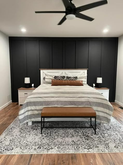 Black Walls Bedroom, Accent Wall Panels, Dream House Aesthetic, Fall Bedroom Ideas, Black Accent Walls, Warm Bedroom, Cozy Fall Bedroom, Accent Wall Bedroom, Fall Bedroom