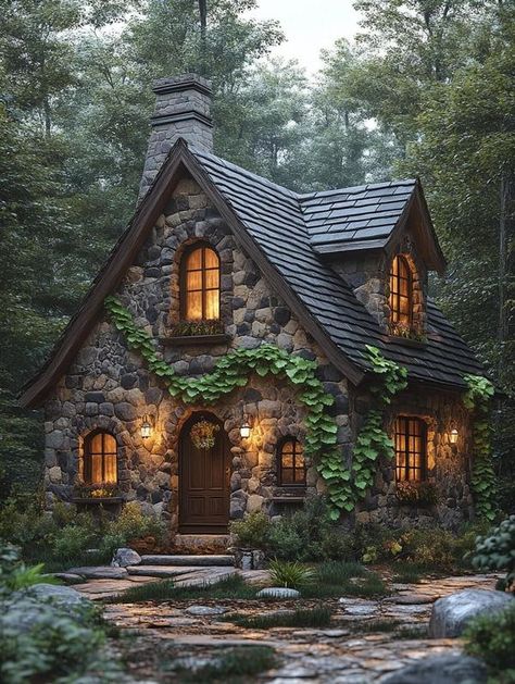 Tiny House Stone Cottage, Fairy Core House, Cottage Core House Aesthetic, Aesthetic Cottages, Storybook Architecture, Cotswold Cottages, Small Stone Cottage, Fairytale Room, Magic Cottage