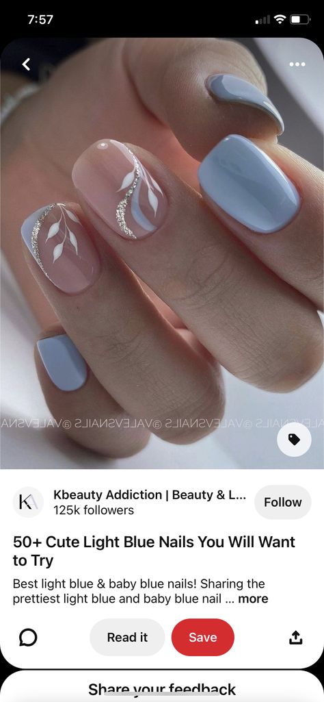 Spring Wedding Nails Bridesmaid, Sky Blue Prom Nails, Dusty Blue Nail Designs, Sky Blue And Gold Wedding, Blue And White Glitter Nails, Sky Blue Gel Nails, Sky Blue And White Nails, Dusty Blue Nails Wedding, Light Blue Wedding Nails