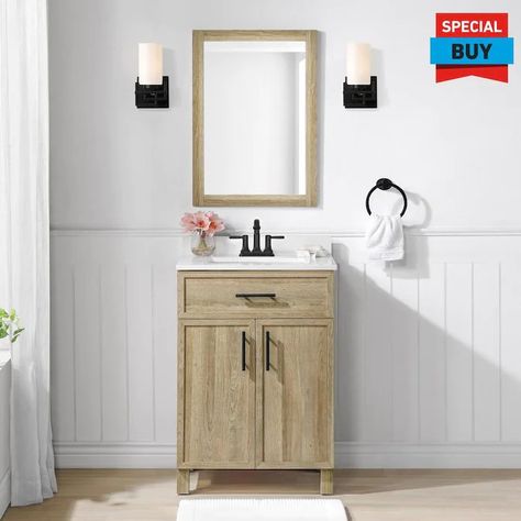 Style Selections Dolton 24-in Natural Oak Undermount Single Sink Bathroom Vanity With White Engineered Stone Top (Mirror Included) in the Bathroom Vanities with Tops department at Lowes.com Removable Backsplash, Engineered Stone Countertops, Wood Bathroom Vanity, Single Sink Bathroom, Bathroom Size, Single Sink Vanity, Sink Countertop, White Sink, Sink Bathroom Vanity