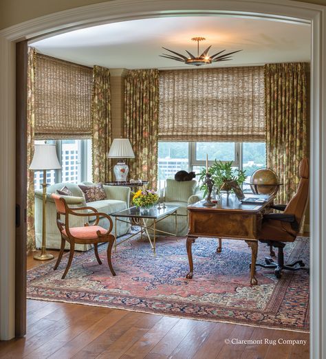 19th century Feraghan Sarouk Carpet Brings Focused Attention To Home Office http://www.claremontrug.com/client-home-interiors-design/19th-century-feraghan-sarouk-carpet-brings-focused-attention-to-home-office/ Eclecticism Architecture, Persian Interior, Persian Carpet Living Room, Persian Architecture, Carpets For Kids, Carpet Styles, Handmade Carpet, Interiors Design, Living Room Area Rugs