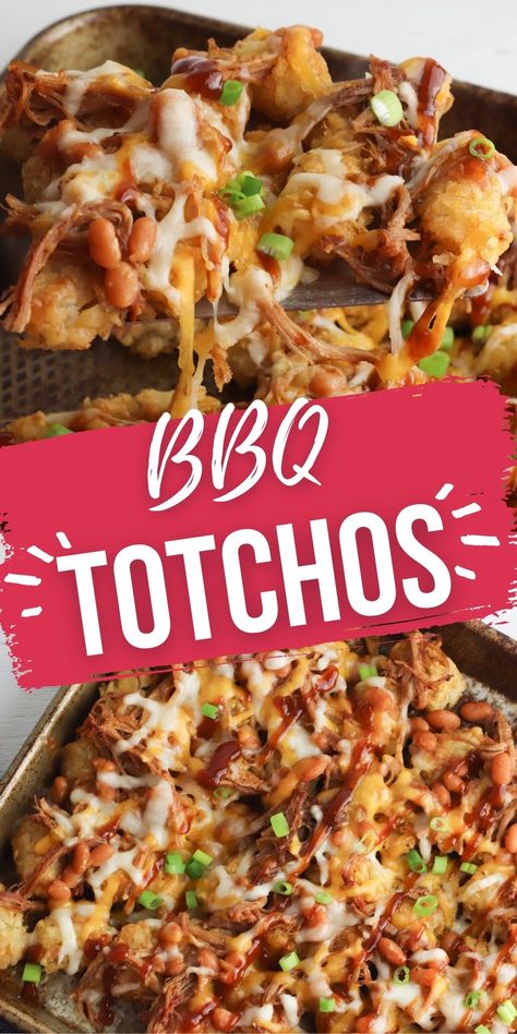 Barbecue Totchos are a perfect meal for weeknights, tailgating or any party or get together. Crispy Tots smothered in spicy sweet BBQ sauce and topped with tender pulled pork, beans and cheese is a winning combination.