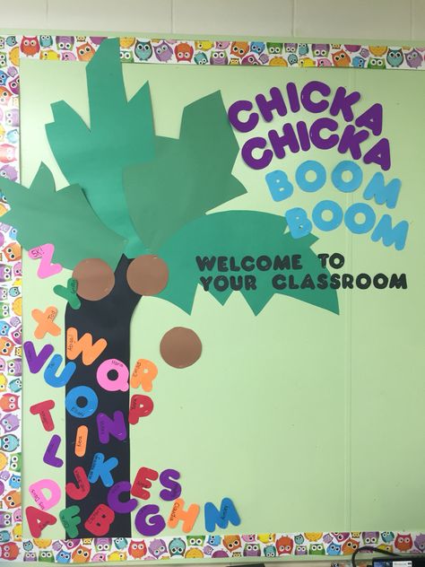 Chicka chicka boom boom welcome bulletin board I created Chicka Chicka Boom Boom Bulletin Board, Welcome To Preschool, Welcome Bulletin Boards, Kindergarten Bulletin Boards, Class Bulletin Boards, Welcome To Class, Preschool Boards, Classroom Welcome, Birthday Bulletin Boards