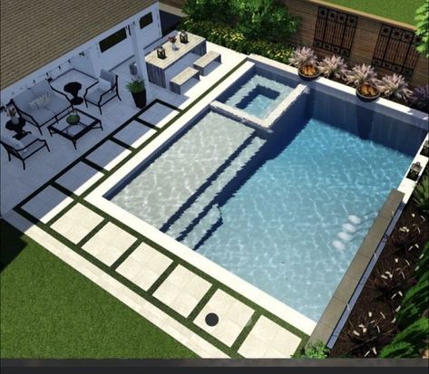 Outdoor Pool Area Ideas Modern, Ranch House Pool Ideas, Outdoor Shower Area Ideas, Linear Pool With Spa, Luxury Swimming Pools Backyard, Inground Pool Hot Tub Combo, Swimming Pool Ideas Inground, Rectangle Pools Backyard, Home Depot Patio Ideas