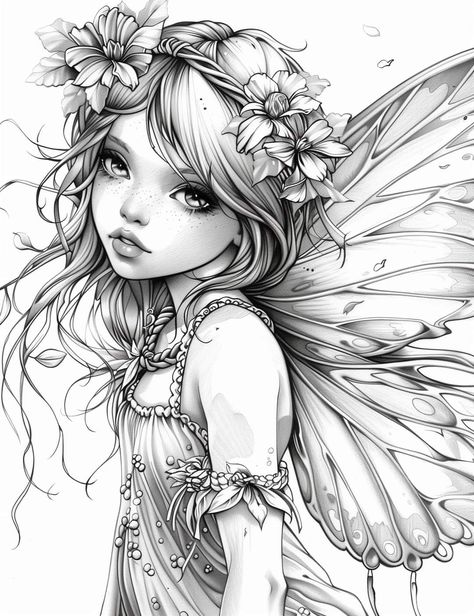 Fairy Pictures Printables Free Images, Faerie Drawing, Free Adult Coloring Printables, Fairy Coloring Book, Adult Coloring Books Printables, Pyrography Patterns, Adult Colouring Printables, Fairy Drawings, Love Coloring Pages