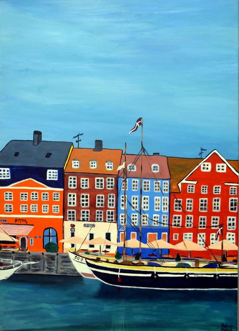 Copenhagen Drawing, Copenhagen Painting, Copenhagen Art, 2024 Journal, Skyline Drawing, City Folk, Boat Painting, Painting Inspo, Copenhagen Style