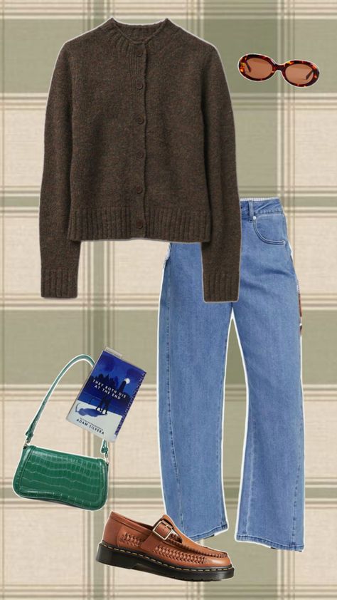 Barrel wide leg jeans, brown button cardigan, green shoulder purse, booktok book, doc marten loafers, tortoise sunglasses Doc Martens 8053 Outfit, Loafers Fall Outfit, Doc Marten Loafers, Doc Martens Loafers, Jeans Fall Outfit, Outfit Info, Barrel Jeans, Jeans Outfit Fall, Doc Marten