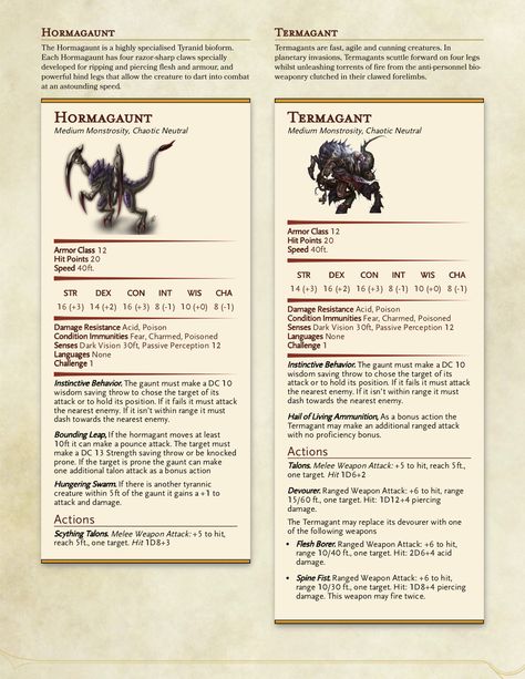 Hormagaunts and termagants  The Swarm grows with the addition of the base Tyranid creatures!  #dnd #dnd5e #warhammer #warhammer40k #dndhomebrew #tyranids Dnd Warhammer 40k, Dnd Warhammer Homebrew, Dnd Tyranids, Warhammer Dnd 5e, Warhammer 40k Dnd 5e, Dnd Monstrosity, Warhammer Dnd, Warhammer Tyranids, Dnd Warhammer