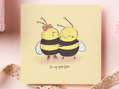 Cartoon Greeting Cards, Anniversary Drawings, Cute Cards For Boyfriend, Greeting Card For Boyfriend, Lydia Deetz Cartoon, Kawaii Inspiration, Kawaii Bee, Bee Birthday Cards, Love Cards For Him