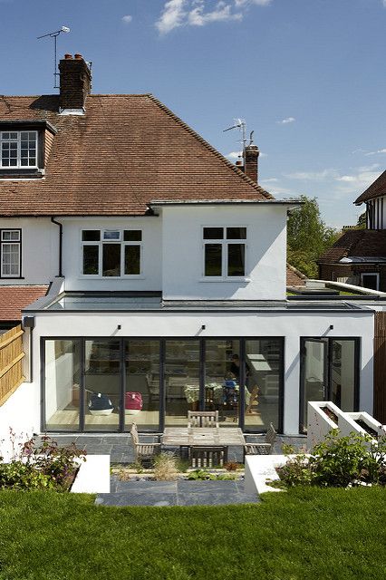 Glass Room Extension, 1930s House Extension, Rear Extension Ideas, 1930s House Exterior, Sliding Glass Patio Doors, Terrace Extension, Extension Veranda, Glass Patio Doors, Flat Roof Extension