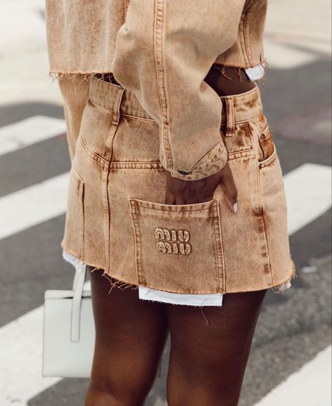 Black women in luxury moi miu fashion Miu Miu Denim Skirt, Ceo Wardrobe, London Aesthetic Outfits, Bougie Closet, Marble Skirt, Miu Miu Denim, Reworked Denim, London Aesthetic, Concept Clothing