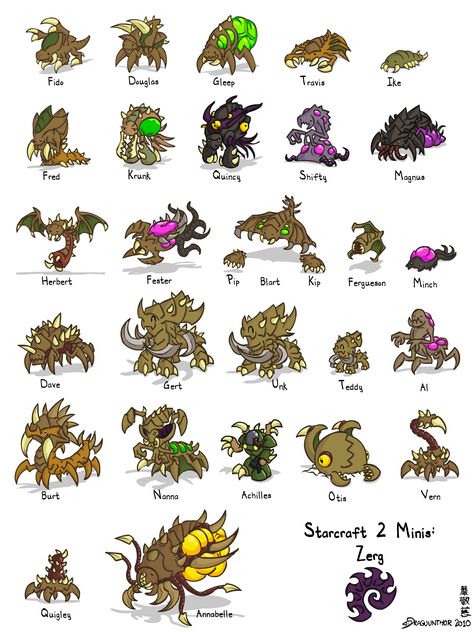 Starcraft II Minis: Zerg by Draguunthor Starcraft Zerg, Starcraft 2, 8bit Art, Stars Craft, Alien Concept Art, Fantasy Monster, Game Character Design, Monster Design, Weird Creatures