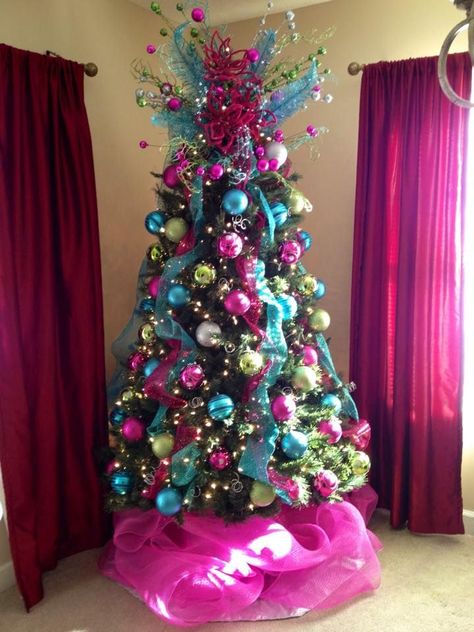 I loved making this Pink, blue, and green Christmas tree! Colored Christmas Tree, Purple Christmas Tree, Teal Christmas, Blue Christmas Tree, Purple Christmas, Christmas Pink, Tree Themes, Oh Christmas Tree, Pink Christmas Tree