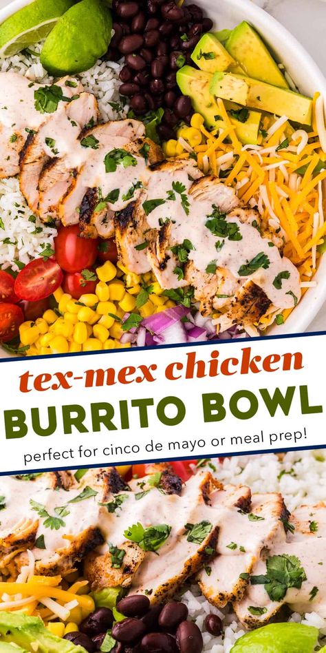 These chicken burrito bowls are a fun family dinner that can be made using a lot of leftovers, and parts of the recipe can be made ahead of time. This tex-mex recipe is also great for meal prep, and easy to customize to your tastes! Tex Mex Burrito Bowl, Tex Mex Rice Bowl, Tex Mex Bowls, Chicken Taco Bowls Healthy Meal Prep, Tex Mex Bowls Chicken, Rice For Burrito Bowls, Chicken And Rice Bowl Mexican, Chicken Burittos Bowl Recipes, Cooked Chicken Recipes Leftovers Healthy