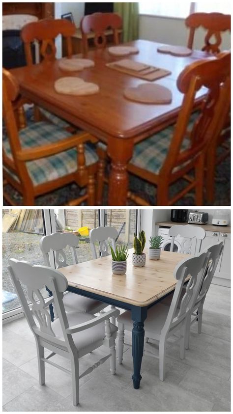 Dinner Table Refurbish, Redo Table And Chairs, Upcycle Wooden Table, Upcycled Dining Table And Chairs, Table Chairs Makeover, Dining Room Table Redo, Pine Table And Chairs, Dinner Tables Furniture, Upcycle Table