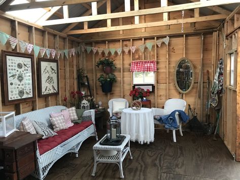 Inside my new she shed! Garden Craft Room She Sheds, She Shed Coffee Bar, She Shed Hangout Ideas, Shed Hangout Ideas Aesthetic, Inside Shed Ideas, Small Shed Ideas Hangout, Inside She Shed Ideas, Shed Hangout Ideas, She Shed Ideas Interior