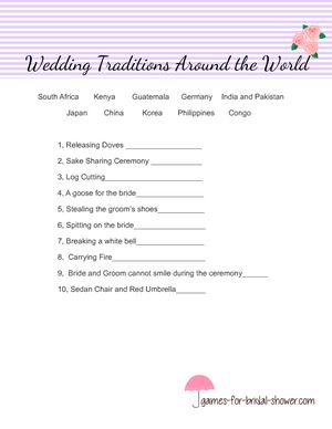 Free Printable Wedding Traditions Around the World Game e Wedding Traditions Game Free Printable, Ask Bridesmaids To Be In Wedding, Wedding Traditions Game, Around The World Games, Wedding Shower Brunch, Country Invitations, Traditions Around The World, Free Printable Games, Asking Bridesmaids