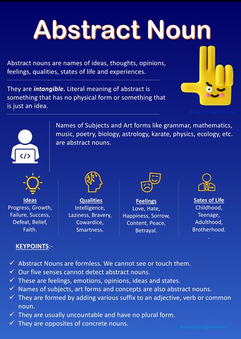 Quick Summary of Abstract nouns. Here are examples of Abstract nouns and some important rules related to them. Noun Chart, Noun Games, Compound Nouns, Concrete And Abstract Nouns, Media Literacy Lessons, English Comprehension, Noun Definition, Types Of Nouns, Tutoring Ideas