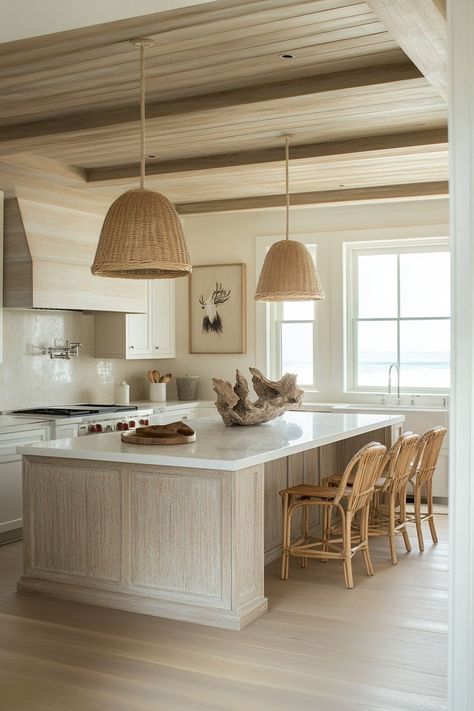 ♥ Dreaming of a peaceful coastal escape? Dive into the beauty of this modern Coastal Kitchen, featuring a stunning white Coastal Kitchen design and charming beach house decor. Get inspired with Coastal Kitchen ideas for your own retreat! 🌊🏝 #CoastalKitchen #beachhouses #CoastalKitchendecor Exposed Beams Ceiling Coastal, Beach House White Kitchen, Coastal Interior Kitchen, Coastal Boho Kitchen Ideas, Small Beach Kitchen, Small Beach House Kitchen, Beachy Kitchen Ideas, Small Coastal Kitchen, Coastal Boho Kitchen