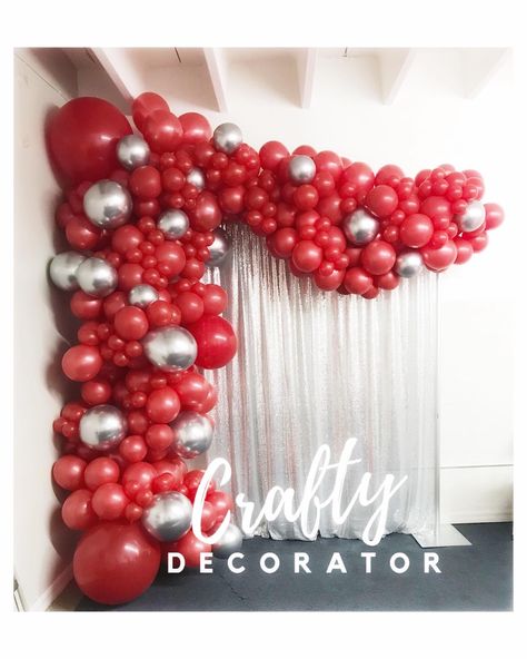 Red and Chrome Silver Organic Balloon Garland and backdrop Red And Silver Balloons Decoration, Red And Silver Balloon Garland, Red And Silver Birthday Decorations, Red And Silver Balloons, Red And White Birthday Party Decorations, Balloon Garland Backdrop, Crafty Decorator, Baloon Garland, Red Party Decorations