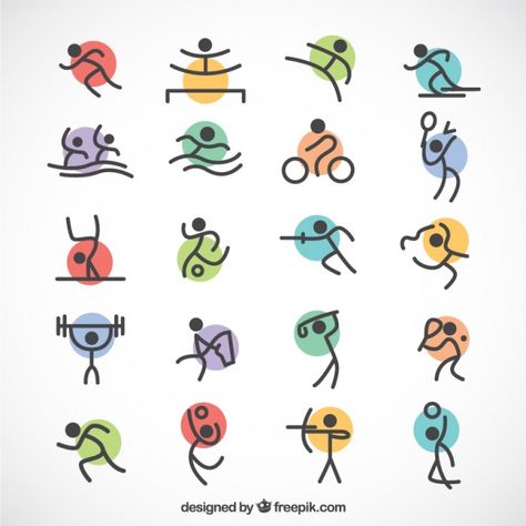 Minimalist olympic sports with colored circles Vector | Free Download Olympic Icons, Sports Person, Sports Vector, Sport Vector, Sports Drawings, Dibujo Simple, Sketch Note, Stick Figure Drawing, Doodle Icon