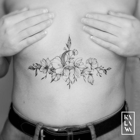 Fine #underboobs #tattoo #flowers with #moon. Thx a lot Ines!⠀ ✖️Follow my studio @karbone.studio ✖️⠀ ⠀ *******⠀ ⠀ #dotwork #finework… Fauna Tattoo, Sternum Tattoo Design, Underboob Tattoo Designs, Tattoo Flowers, Underboob Tattoo, Chest Tattoos For Women, Traditional Tattoo Art, Sternum Tattoo, Aesthetic Tattoo