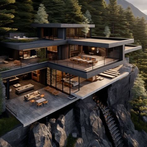 Luxury Villas  #exteriordesign #outdoordesign #luxuryhomes #luxuryfurniture #luxurygarden #luxuryhouse #interiordesign #interiordecor #designlovers #luxuryhouse Modern House On Cliff, Cliff Side Mansion, Mansion On A Cliff, Modern Cliffside House, Hill Side House, Cliffside House, Japanese Modern House, Building Design Plan, Expect Nothing