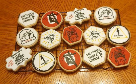 Lineman Cookies Decorated, Lineman Party Decorations, Lineman Cookies, Lineman Party, Appreciation Cookies, Lineman Love, Graduation Party Ideas, Retirement Parties, Cookies Decorated