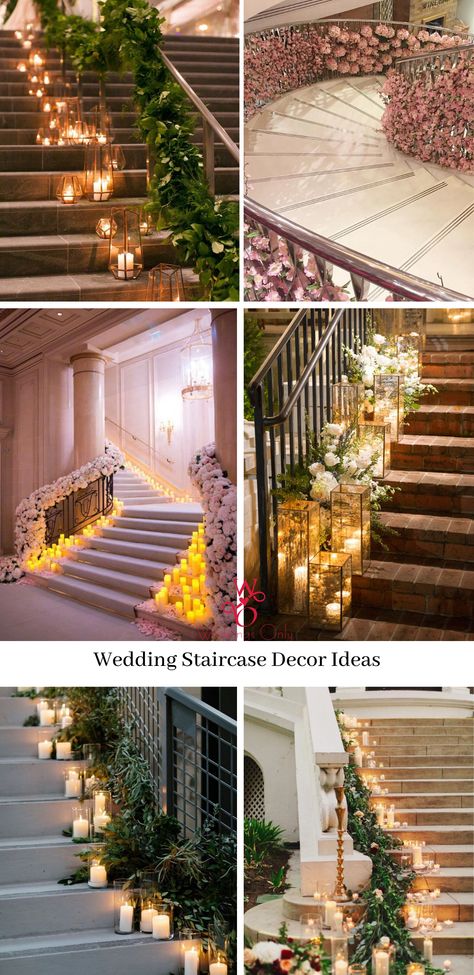 Stairs Decor Ideas For Wedding, Stair Decoration Party, Stair Decoration For Birthday, Decorate Stairs For Wedding, Foyer Wedding Decorations, Stair Decorating Ideas For Party, Staircase Decor Ideas Indian, Stairs Decoration For Wedding, Stairs Party Decoration