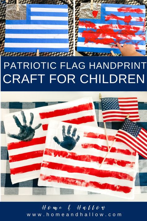 Fourth of July Patriotic Flag Handprint Craft for Children - Home and Hallow American Flag Crafts Preschool, Handprint Flag, Stick Activities, American Flag Craft, July Crafts For Kids, February Preschool, Patriotic Activities, American Flag Crafts, Kids 4th Of July