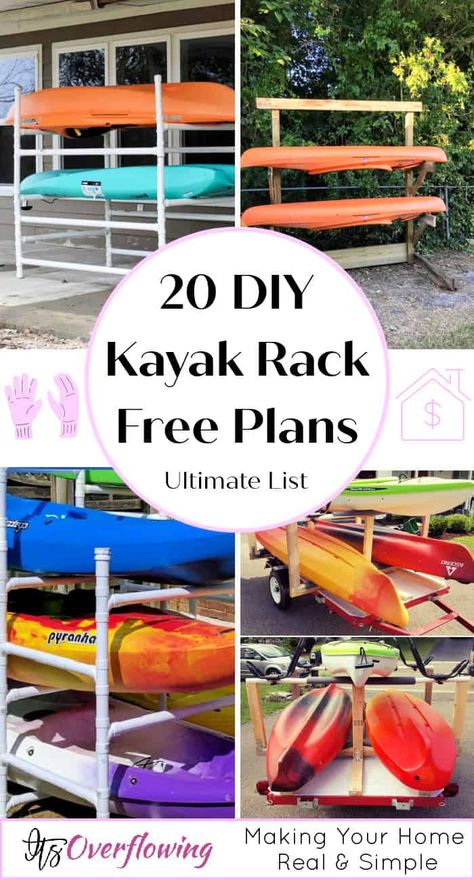 20 Free Plans to Build a DIY Kayak Rack | Kayak Storage Rack Kayak Storage Ideas Diy, Diy Wood Kayak Storage Rack, Outside Kayak Storage Ideas, Canoe And Kayak Storage Rack, 4 Kayak Storage Rack, Homemade Kayak Rack, Pvc Kayak Storage, Kayak Holders Storage Ideas, Canoe Rack Diy