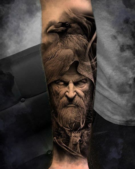 ideia de tatuagem de guerreiro viking Tartaruga Habitat, Tattoo Odin, Scottish Tattoos, Viking Warrior Tattoos, Norse Mythology Tattoo, Viking Tattoo Sleeve, Zeus Tattoo, Vikings Tattoo, Spartan Tattoo