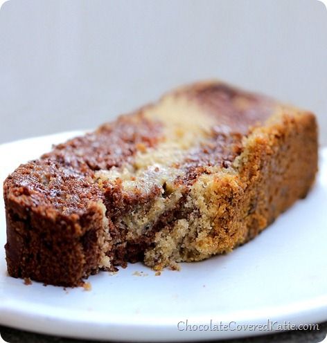 CHOCOLATE MARBLE SWIRL BANANA BREAD - Ribbons of dark chocolate swirled into light banana bread… There’s a reason it’s a reader favorite recipe! Make it here: https://chocolatecoveredkatie.com/2014/01/20/chocolate-marble-swirl-banana-bread/ Light Banana Bread, Healthy Banana Recipes, Chocolate Covered Katie, Gf Flour, Chocolate Swirl, Chocolate Banana Bread, Banana Healthy, Banana Recipes, Pure Maple Syrup