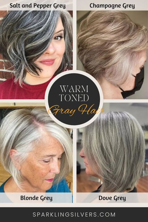 Gray hair with warm undertone Gray Hair Olive Skin Tone, Warm Gray Hair Color, Best Colors To Wear With Gray Hair, Warm Grey Hair Color, Warm Gray Hair, Warm Grey Hair, Grey Hair For Warm Skin Tones, Graying Gracefully, Brighten Gray Hair