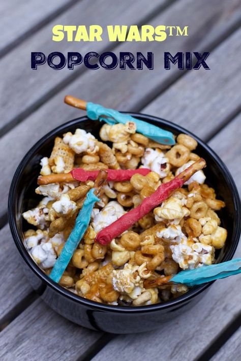 Easy Star Wars Snacks, Star Wars Themed Snacks, Star Wars Popcorn, Easy Fudge Pie, Popcorn Snack Mix Recipes, Popcorn Mix Recipes, Star Wars Dinner And A Movie, Halloween Popcorn Mix Monster Munch, Fudge Pie Recipe