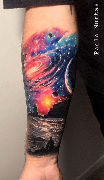 Space Tattoos Colorful, Watercolor Nebula Tattoo, Galaxy Leg Tattoos Women, Sleeve Tattoos Neo Traditional, Color Space Tattoo, Space Tattoo Color, Galaxy Sleeve Tattoos For Women, Cosmic Tattoo Galaxies, Galaxy Tattoos