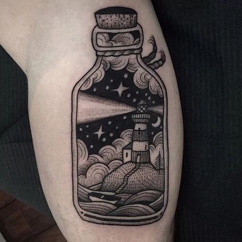 Cabin Tattoo, Lighthouse Tattoo Meaning, Traditional Lighthouse Tattoo, Backpiece Tattoo, Cabin Designs, Lighthouse Tattoo, Bottle Tattoo, Kunst Tattoos, Sea Tattoo