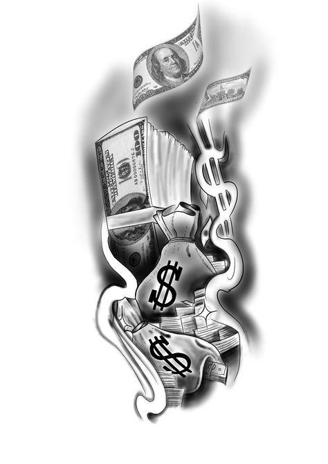 Money Bags Tattoo, Money Theme Tattoo, Cash Money Tattoo Design, Money Tatoos Ideas, Money Maker Tattoo Design, Money Over Everything Tattoos, Angel Holding Money Bag Tattoo, Tattoos For Survivors, Chicano Tattoo Design Ideas