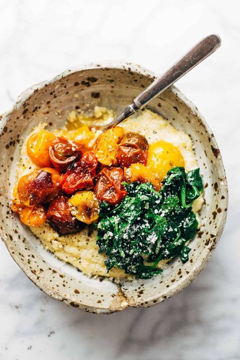 Roasted Tomatoes with Goat Cheese Polenta Recipe - Pinch of Yum Goat Cheese Polenta, Cheese Polenta, Pinch Of Yum, Polenta Recipes, Juicy Tomatoes, Think Food, Vegetarian Recipes Easy, Easy Vegetarian, Roasted Tomatoes