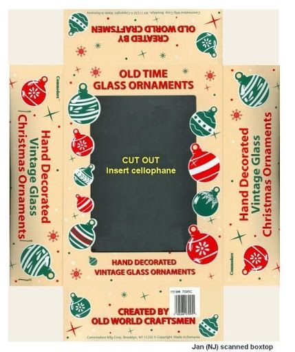 another Christmas ornament box to print out in slightly smaller size (1:12) | Source: Vintage Christmas Packaging, Miniature Christmas Printables, Shiny Brite Box Printable Free, Shiny Brite Box Printable, Vintage Christmas Ornament Boxes, Free Miniature Printables 1:12, Vintage Ornament Box Printable, Dollhouse Printables 1:12, Free Dollhouse Printables 1:12