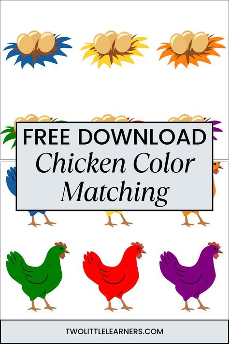 Here you can find a free chicken color matching printable and color activities for toddlers and preschoolers. Read about a chicken color matching activity, color matching activities for toddlers, learning colors activities, and color printables. Learn more about color preschool activities and color worksheets for preschool at twolittlelearners.com Color Preschool Activities, Matching Activities For Toddlers, Color Matching Activities, Color Preschool, Color Printables, Colors Activities, Learning Colors Activities, Color Activities For Toddlers, Color Worksheets For Preschool