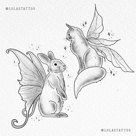 fairy animals drawing #tattooworkers #tattoomagazine #hellokittysurabaya Butterfly Cat Drawing, Bunny With Wings Drawing, Rabbit And Cat Tattoo, Bunny Fairy Tattoo, Animal Fairy Tattoo, Fairy Bunny Tattoo, Cat And Rabbit Drawing, Bunny And Cat Tattoo, Whimsical Cat Tattoo