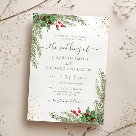 Winter Holiday Botanical Greenery Wedding Invitation Neutral Winter Wedding, Dark Green Garden, Leaf Calligraphy, Wedding Invitation Watercolor, Woodland Floral, Berry Wedding, Christmas Wedding Invitations, Holiday Greenery, Christmas Pregnancy Announcement