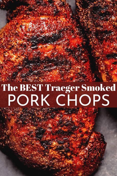 This Traeger Pork Chops recipe is a simple hands-off cooking method. You’ll be indulging in tender and smoky pork throughout grilling season! // boneless // bone in // smoked Grilling Bone In Pork Chops, Pork Chop Injection Recipes, Best Smoked Pork Chops, Traeger Pork Steaks, Traeger Pork Chops Bone In, Pork Chop Traeger Recipes, Smoked Bbq Pork Chops, Pork Chops On Traeger Grill, Pork Chops Smoker Recipes