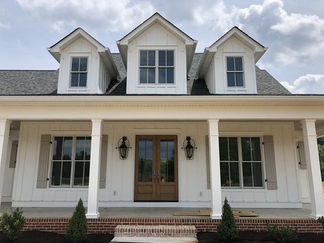 White House Brown Shutters, White House Exteriors, Front Porch Pillars, Brown Shutters, Pella Doors, Porch Pillars, White Exterior Houses, Brick Exterior House, House Exteriors